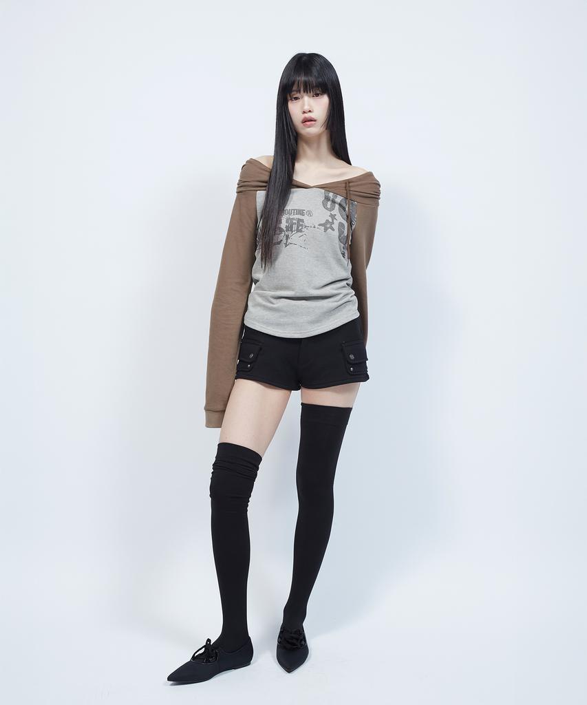 LMR Off-Shoulder Lettering Graphic Hoodie Long Sleeve T-Shirt Grey