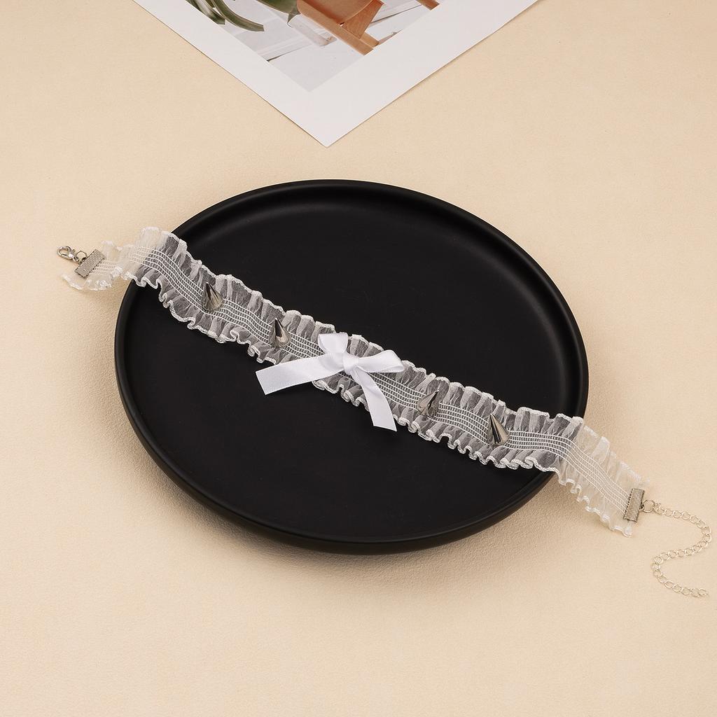 Korean Original Rivet Lace Bow Choker, Avant-Garde Streetwear Clavicle Necklace