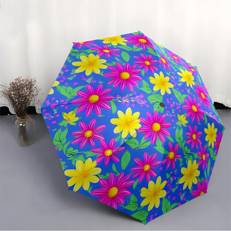 1pc Floral Pattern Automatic Umbrella - Stylish, Durable, with 8-Rib Manual Open Design, Elegant Black Handleyy250920157