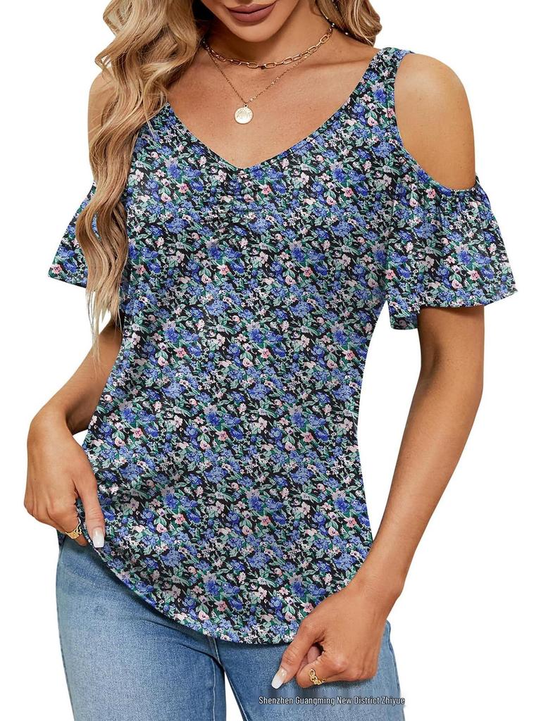 2025 Summer Off-the-Shoulder V-Neck Print Top for Women
