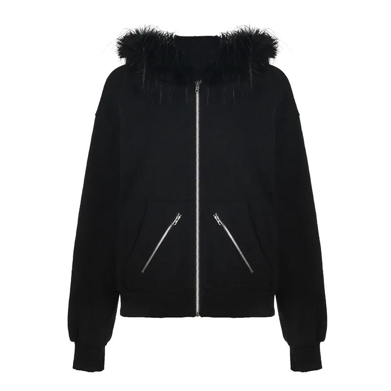Goth Dark Faux Fur Collar Hooded Cardigans, Zip Up Hoodies, Gothic Grunge Pockets, Black Jackets, Female Y2k Streetwear