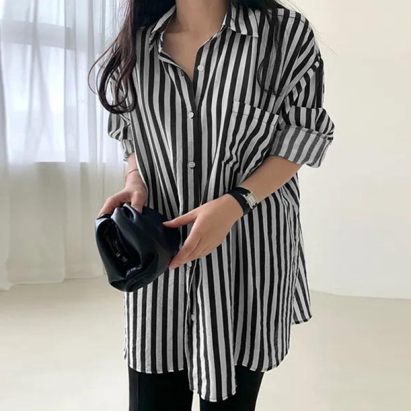 Frauen Drehen Unten Kragen Langarm Bluse Tops Frühling Sommer Lose Beiläufige Streifen Shirts