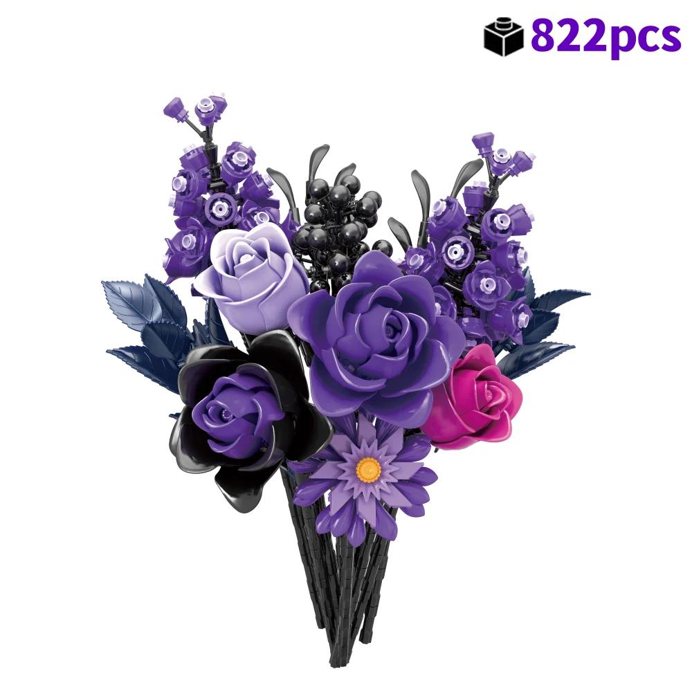 

DIY Construction Blocks Purple Roses Bouquet Model Creative Home Decor Romantic Present Girls Valentines Day Special Occasion Gift 822pcs