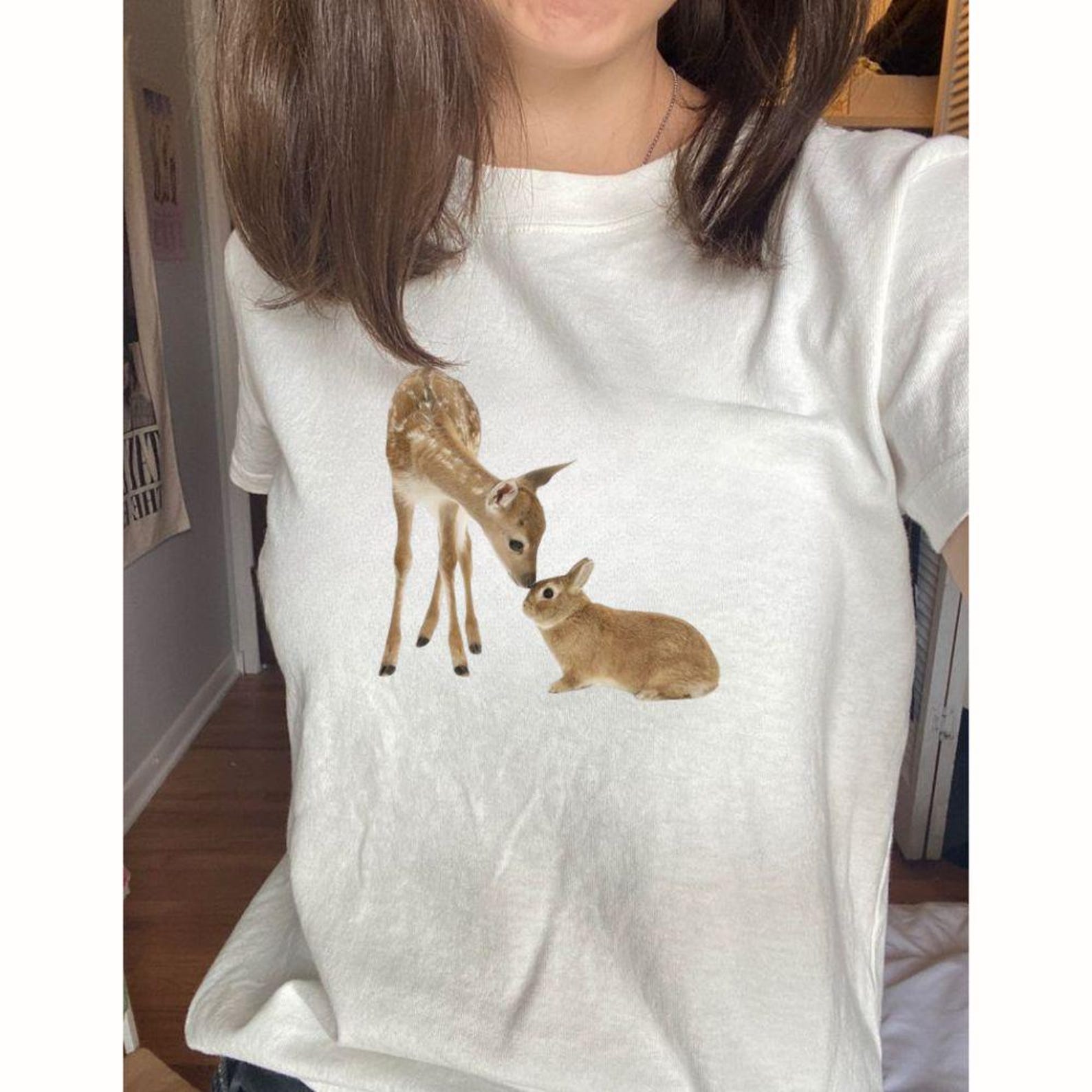 Deer and Bunny Kissing Shirt, Baby Fawn Rabbit Tee | Woodland Animal Nature Lover Gift S