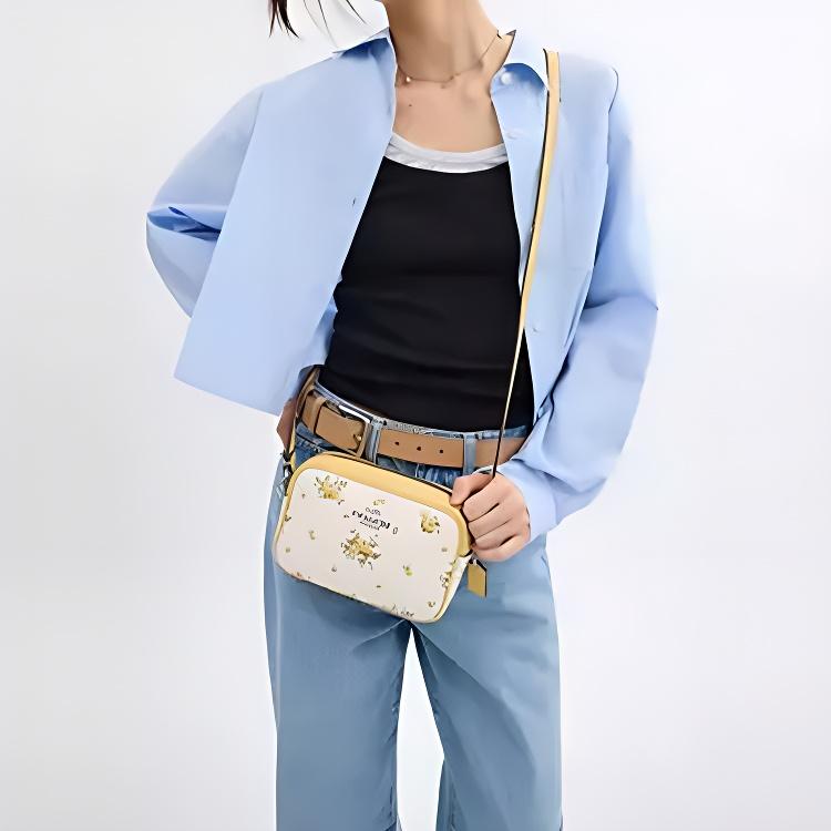 Coach Jamie 19 Floral Print Pebble Leather Camera Bag Women Shoulder Bag Yellow White CAQ38-SVCAH