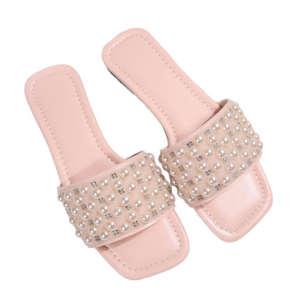Casual and comfortable square head flat slippers 2025 summer new fashion pearl large size beach sandals
