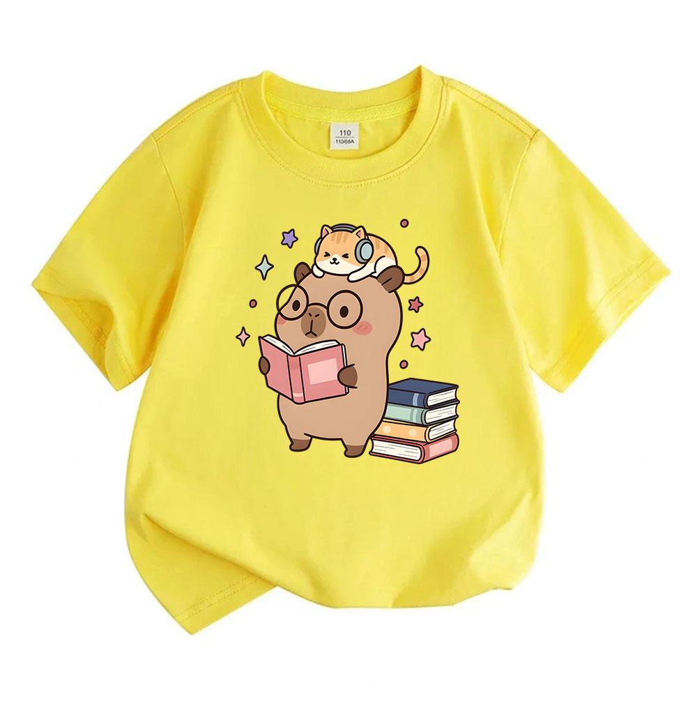 Kids Boys Girls 100% Cotton Crew Neck Short Sleeve T-Shirt, Cute Capybara Reading Book Cat With Headphones Print Casual Comfy Tee For Daily School Pla