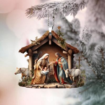 Kalėdinis pakabuko ornamentas Jėzaus šeimos maldos scenos pakabukas Ryškiaspalvis religinio simbolio pakabukas namų automobiliui