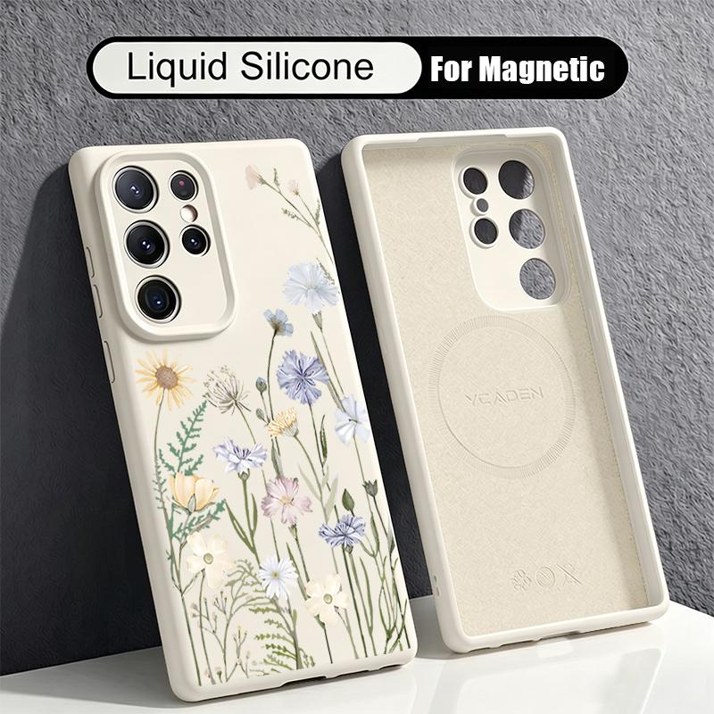 Black Lotus Flowers Print Case For Samsung Galaxy S26 S25 Ultra S24 Plus S23 S22 Ultra Magnetic For Magsafe Liquid Silicone Cover