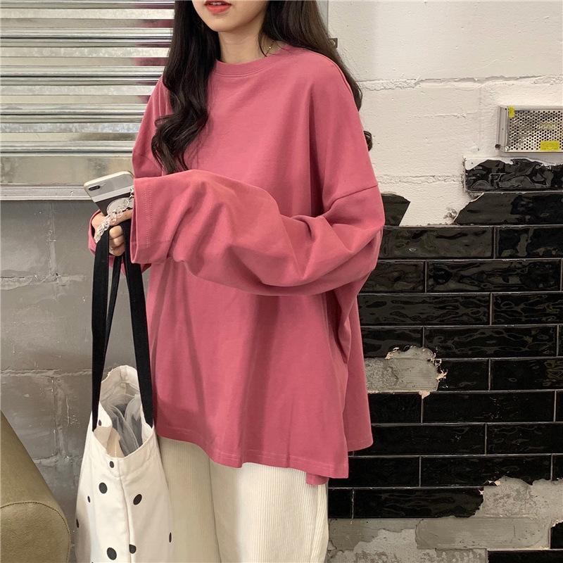 Autumn Slit Solid Color Long-sleeved T-shirt Women's Base Shirt Korean Style Student Loose Tops Women's Clothing
