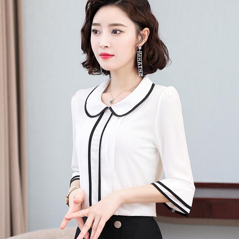 

Женская шифоновая рубашка с рукавами-трубами и кукольным воротником - Летняя с рукавами средней длины в корейском стиле L белый