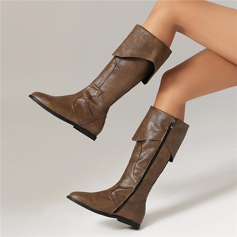 Women Mid Calf Boots Round Toe Flats Zipper Concise Design Ladies Fashion Casual Shoes Autumn Winter Khaki Brown 46