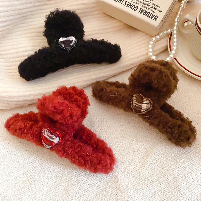 Love plaid hairy large hair grab clip women's fashion versatile hair accessories tie hair high-end shark clip