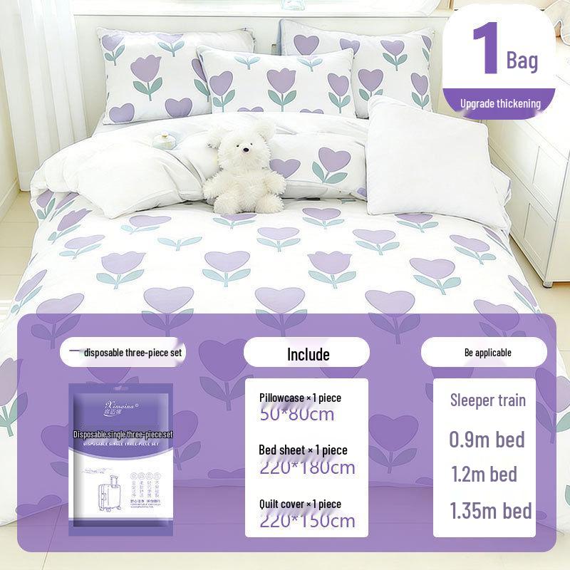 Purple Disposable 4-Piece Non-Woven Bedding Set: Bed Sheet & Duvet Cover for Hotel or Travel. Ideal for Comfortable, Naked Sleeping.