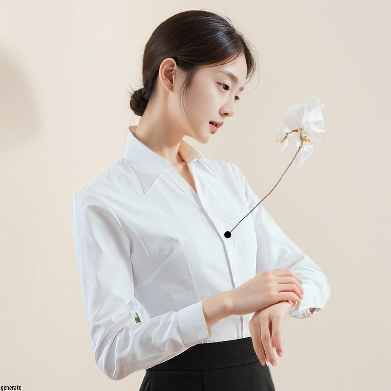 Women's 2025 Long-Sleeved White V-Neck Cotton Shirt - Slim Fit Professional Wear
