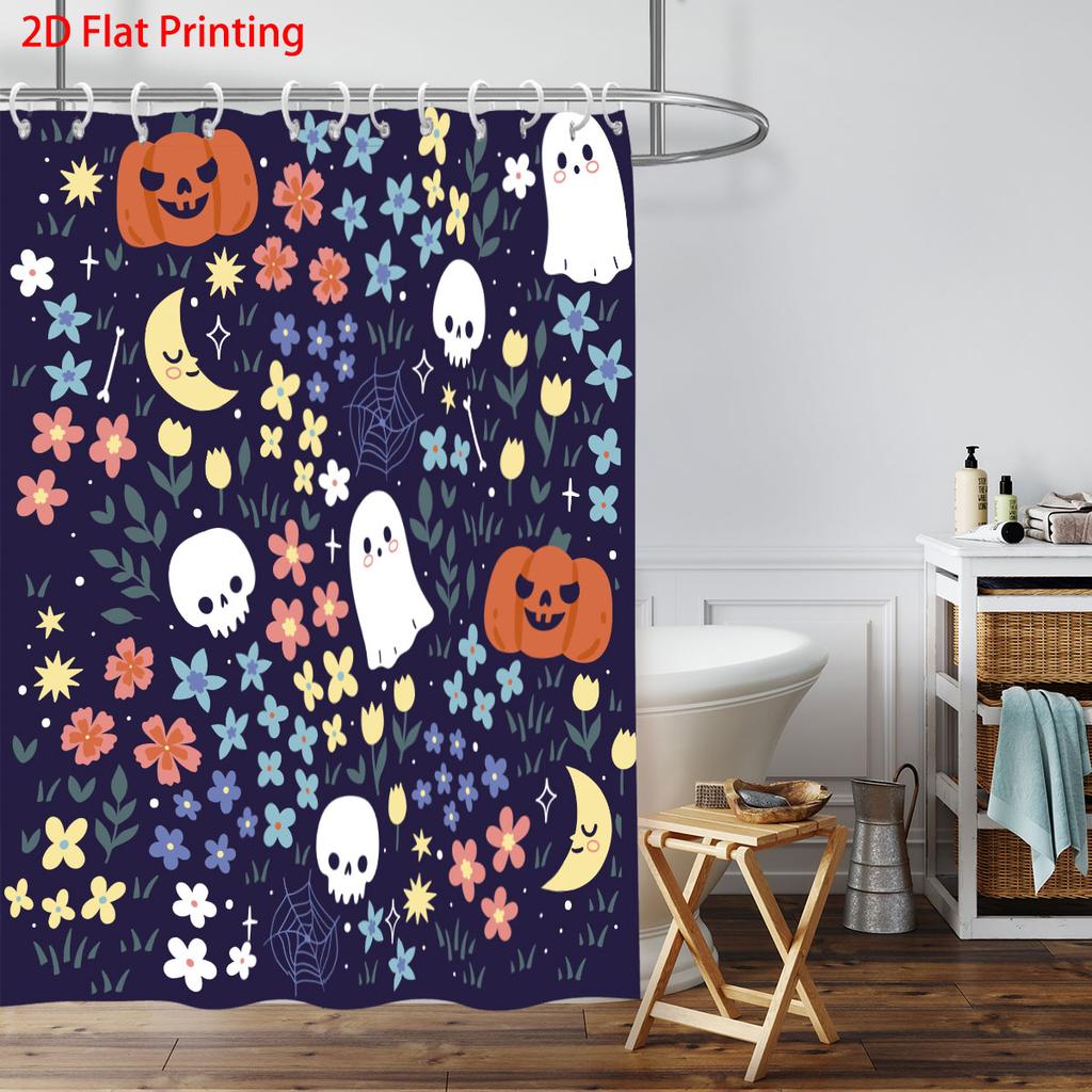 1Pc Halloween Colored Ghost Print Waterproof Shower Curtain Bathroom Partition Privacy Multiple Sizes 12 Hooks Easy To Install