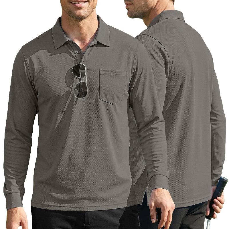 Men S Loose Fit Long Sleeve Solid Mesh Fabric Turn Down Collar Casual Outdoor Sport Polo Shirt