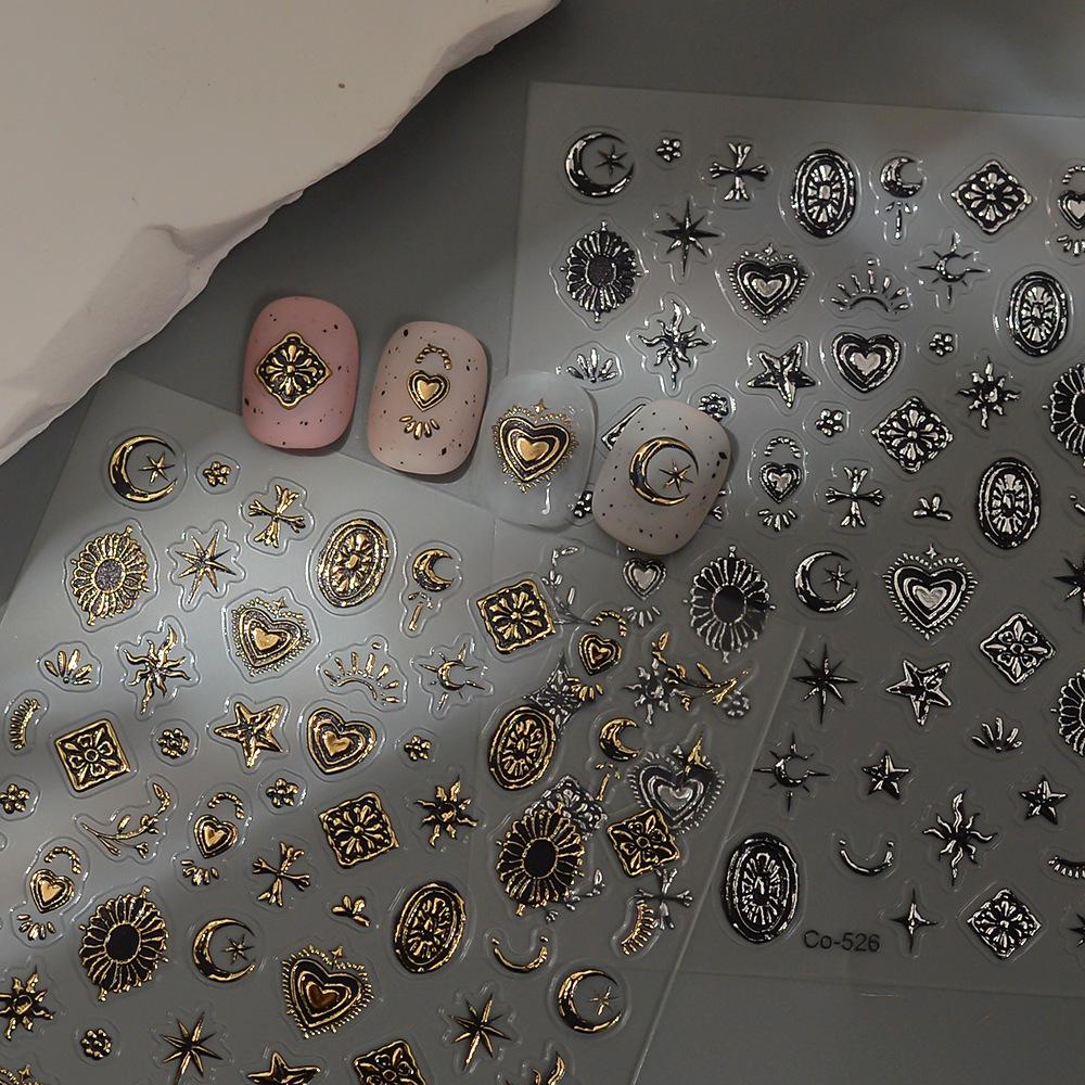 3D Embossed Metal Star & Moon Nail Stickers - Gold & Silver Retro Designs