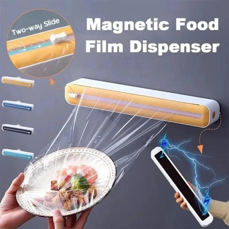 Food Film Dispenser Magnetic Plastic Wrap Dispenser with Cutter Storage Box Aluminum Foil Stretch Film Cutter Storage Holder