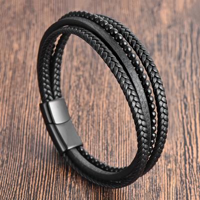 Black Leather Rope Cowhide Men's Double Layer, Genuine Leather Woven Bracelet Handmade Multilayer Leather Bracelet