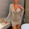Damen Sexy Pailletten Bodycon Kleid mit V-Ausschnitt - Kurze Abendmode