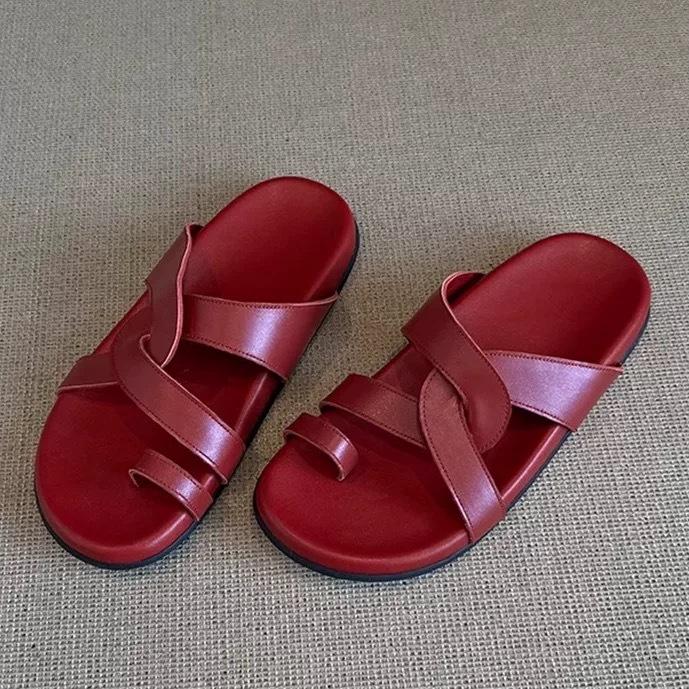 

Cowhide version~ retro niche cross belt thick bottom cover toe slippers women s outer wear 2025 summer comfortable flat bottom sandals 40 красный