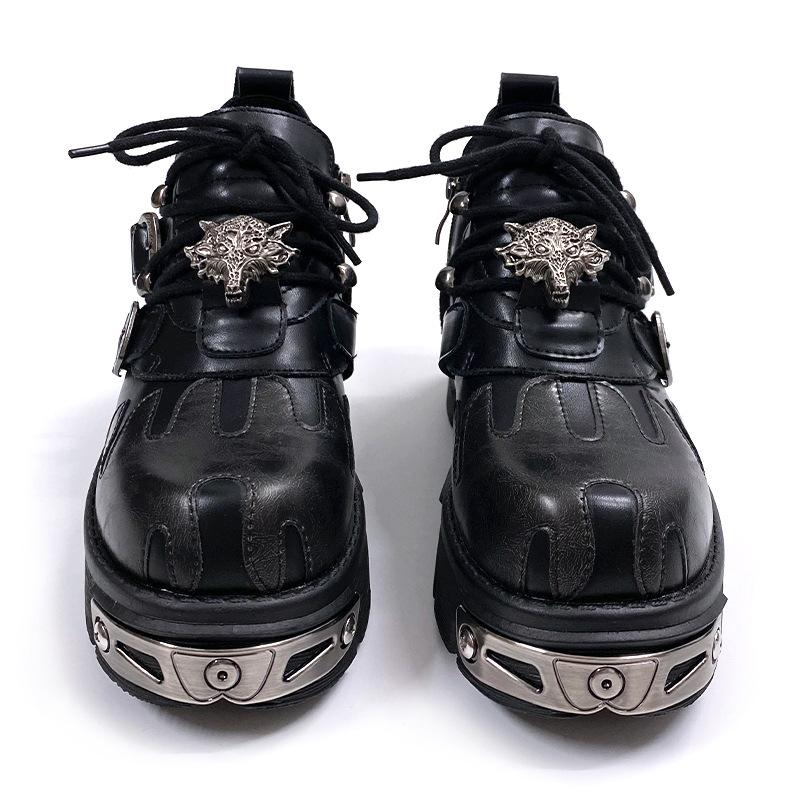 Retro rock dark punk small leather shoes metal splicing men and women with the same niche flame low-top heightening big head shoes 35
