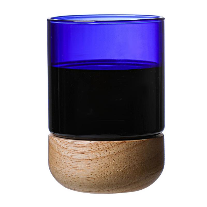 

280ml High Borosilicate Glass Coffee Cup Amber Blue with Creative Anti-Scalding Wood Base Nordic Style Beer Vodka Drinkware 280ml синий