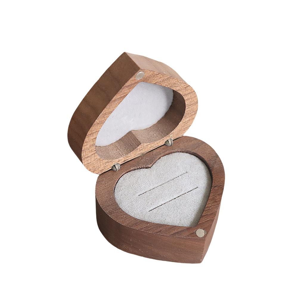 Wedding Heart Rings Holder Anti-collision Rings Bearer Box Simple Walnut Wood Rings Box  Propose