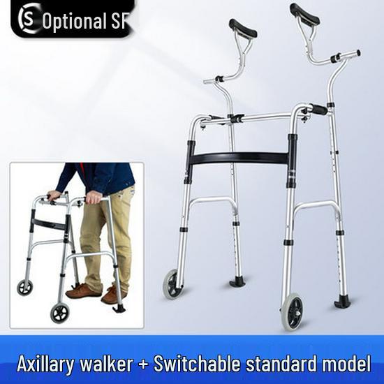 Aluminum Alloy Folding Walker with Wheels, Underarm Crutches, and Seat Cushion for Elderly Rehabilitation.
