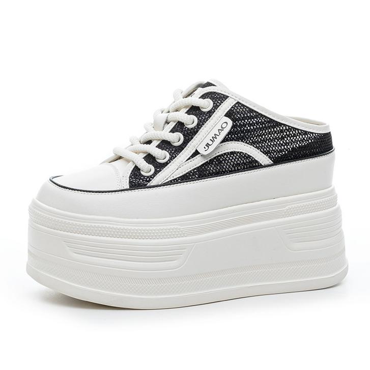 

12CM Women s Thick Bottom Sneakers Summer New Style Breathable Slippers Leather Sport Casual Slip-On Shoes Comfortable All-Match 39 чёрный