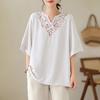 Women T-shirt Deep V Neckline Embroidery Floral Pattern Pullover Tops Pure Color Loose Fit