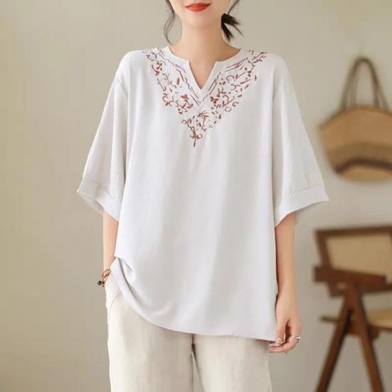 Women T-shirt Deep V Neckline Embroidery Floral Pattern Pullover Tops Pure Color Loose Fit