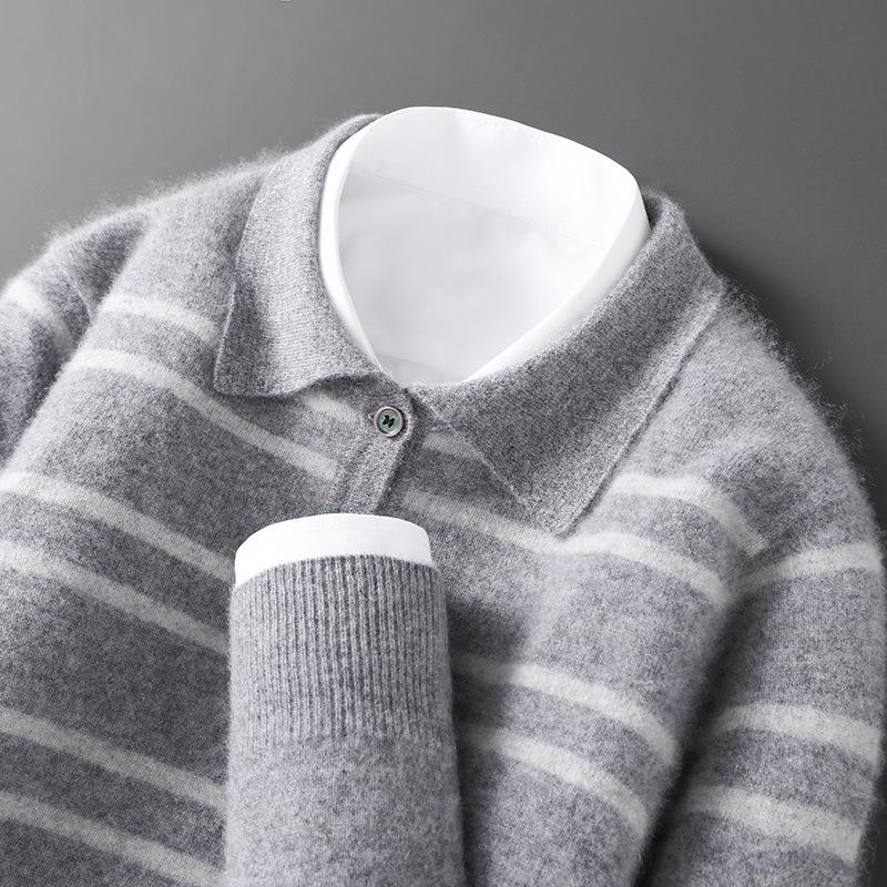 Men's 100% Wool Color Block Stripe Polo Collar Sweater, Autumn/Winter Collection