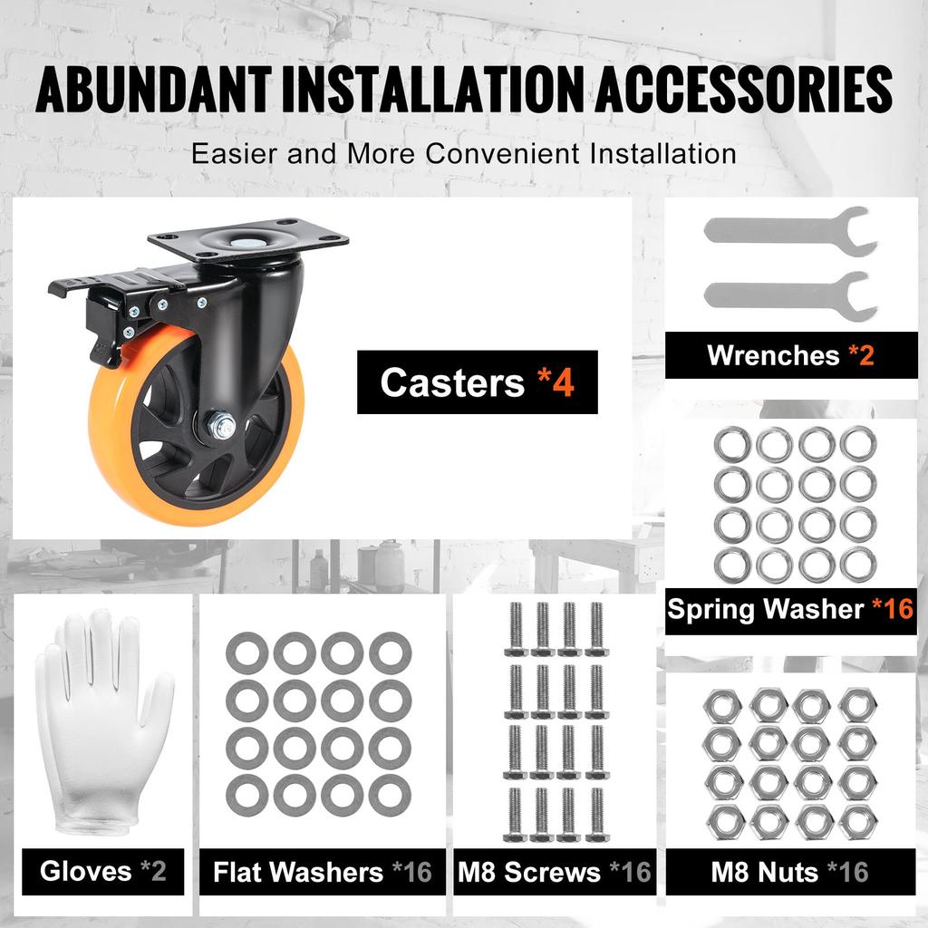 VEVOR Caster Wheels, 12.7 cm Swivel Plate Casters, Set of 4, with Security A/B Locking No Noise PVC Wheels