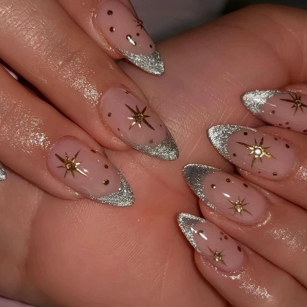 24pcs French Almond Press on Nails Flower Pattern False Nails Wearable Stick-on Nail Fake Nail Uñas Postizas