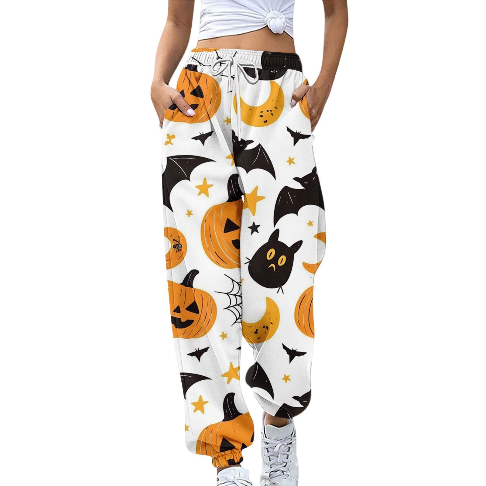 

Женские спортивные штаны Эластичный пояс Кулиска Повседневные брюки Принт на Хэллоуин Брюки с карманами L оранжевый