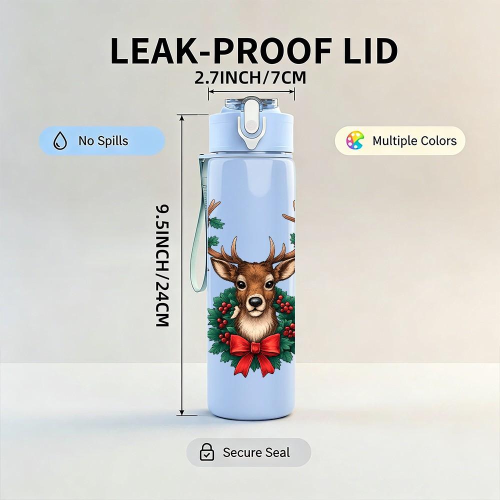 1PC Wreath Antler Reindeer 750ml Color Plastic Sports Water Bottle Leakproof Flip Straw Lid Suitable for Sports Office Home Use