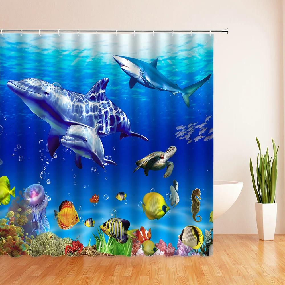 

Океан Красочные Рыбы Мультяшные Шторки для Душа Занавеска для Ванной Водонепроницаемая Полиэстеровая Ткань Декор Занавеска для Ванной 180*180см С Крючками W120xH180cm