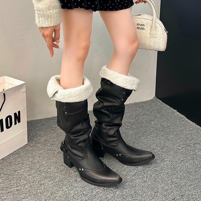 

New Retro Black Plush Warm Pleated Knight Boots European American Belt Buckle Car Stitching Wide Circumference Women s Boots 35