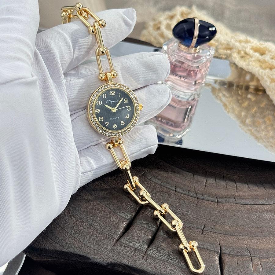 New Women's Luxury Gold Thick Chain Watch with Multi-color Diamond-embellished Dial, Retro Style Bracelet Quartz Wristwatch