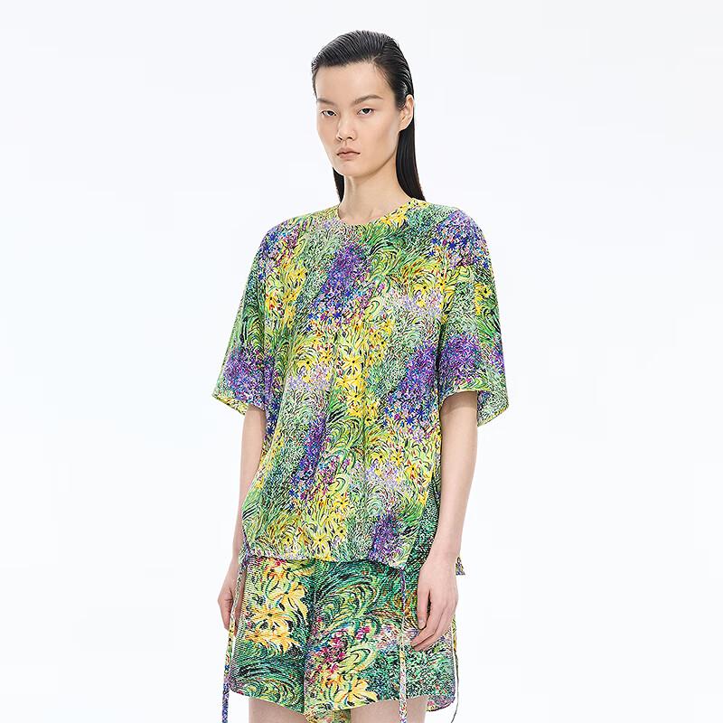 JNBY 25 Autumn Floral Print Round Neck Loose Short Sleeve Shirt