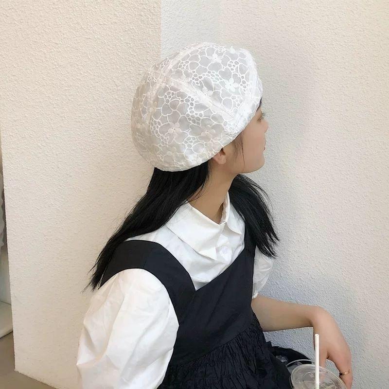 Beret Women's Summer Thin Breathable Versatile Belle Hat Sweet and Cute Flower Lace Painter Hat