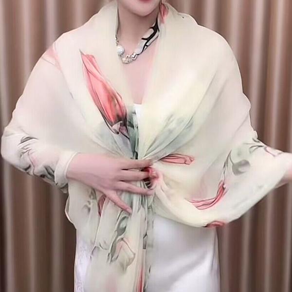 WTEMPO Retro Thin Silk Scarf Women's New Fashionable Long Scarf Versatile for Spring and Summer Sand Scarf Printed Shawl, Sunscreen Beach Scarf