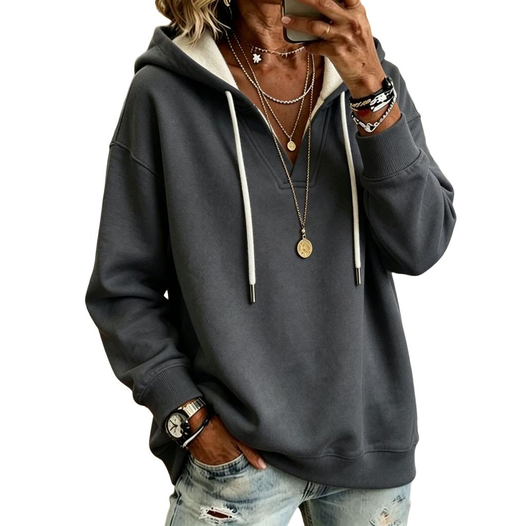 Women's Casual V-Neck Hoodie Color Pullover
