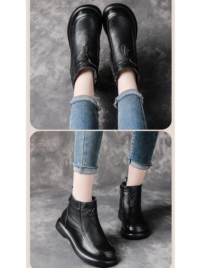 Zimowe damskie skórzane botki Martin na średnim obcasie z wełnianą podszewką - ciepłe buty dla mamy na masywnym obcasie