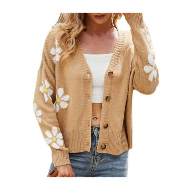 V Neck Floral Pattern Knitwear Cardigan Women Long Sleeve Button Placket Knitting Coat Sweater Jacket