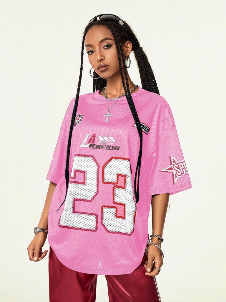 Women's Spring Summer Pink Mesh Short Sleeve T Shirt Casual Oversized Top For Streetwear Fans Daily Wear