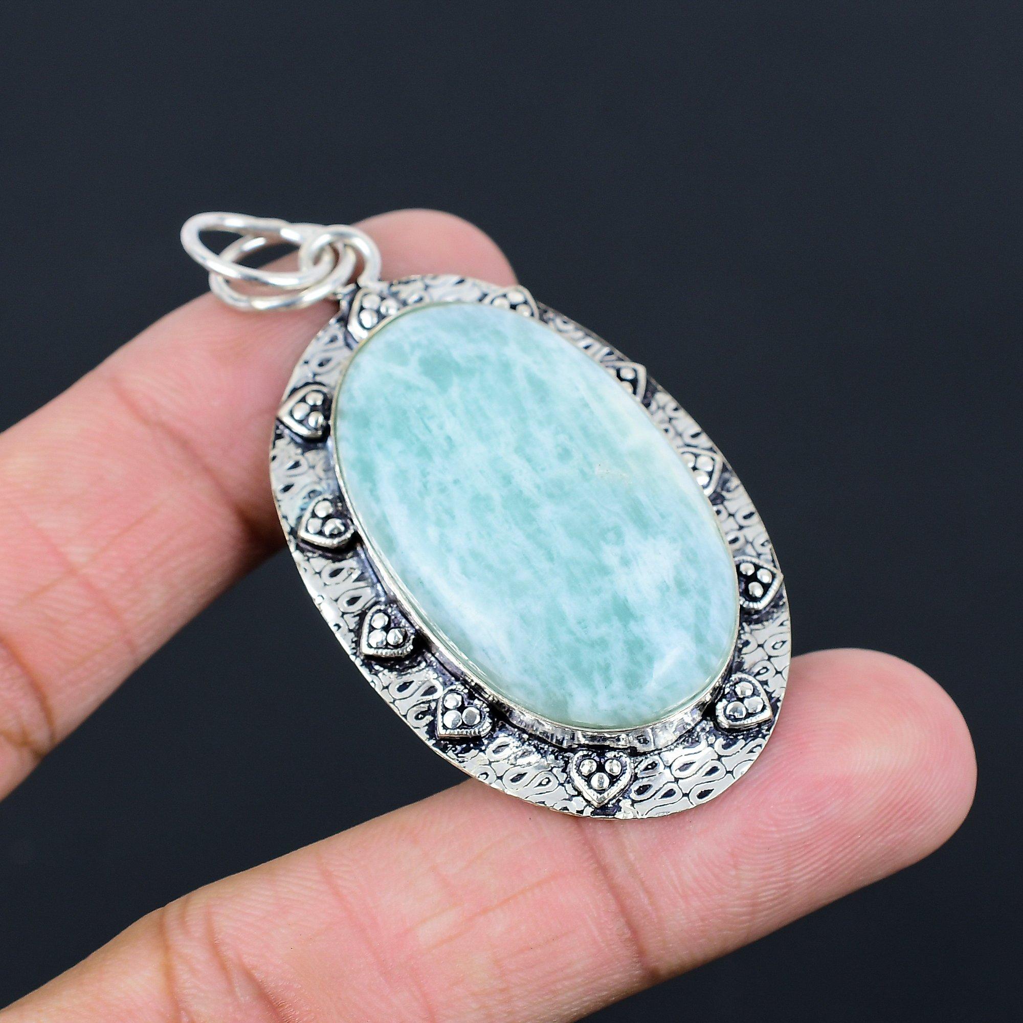 925 Sterling Silver Heart Chakra Oval Amazonite Stone Engagement Pendant Jewelry