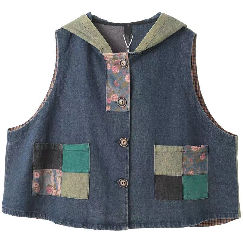 Vestă Denim Femei Jachetă Fără Mâneci cu Glugă Primăvară Vară Femme Coreeană Vintage Imprimată Patchwork Denim Veston